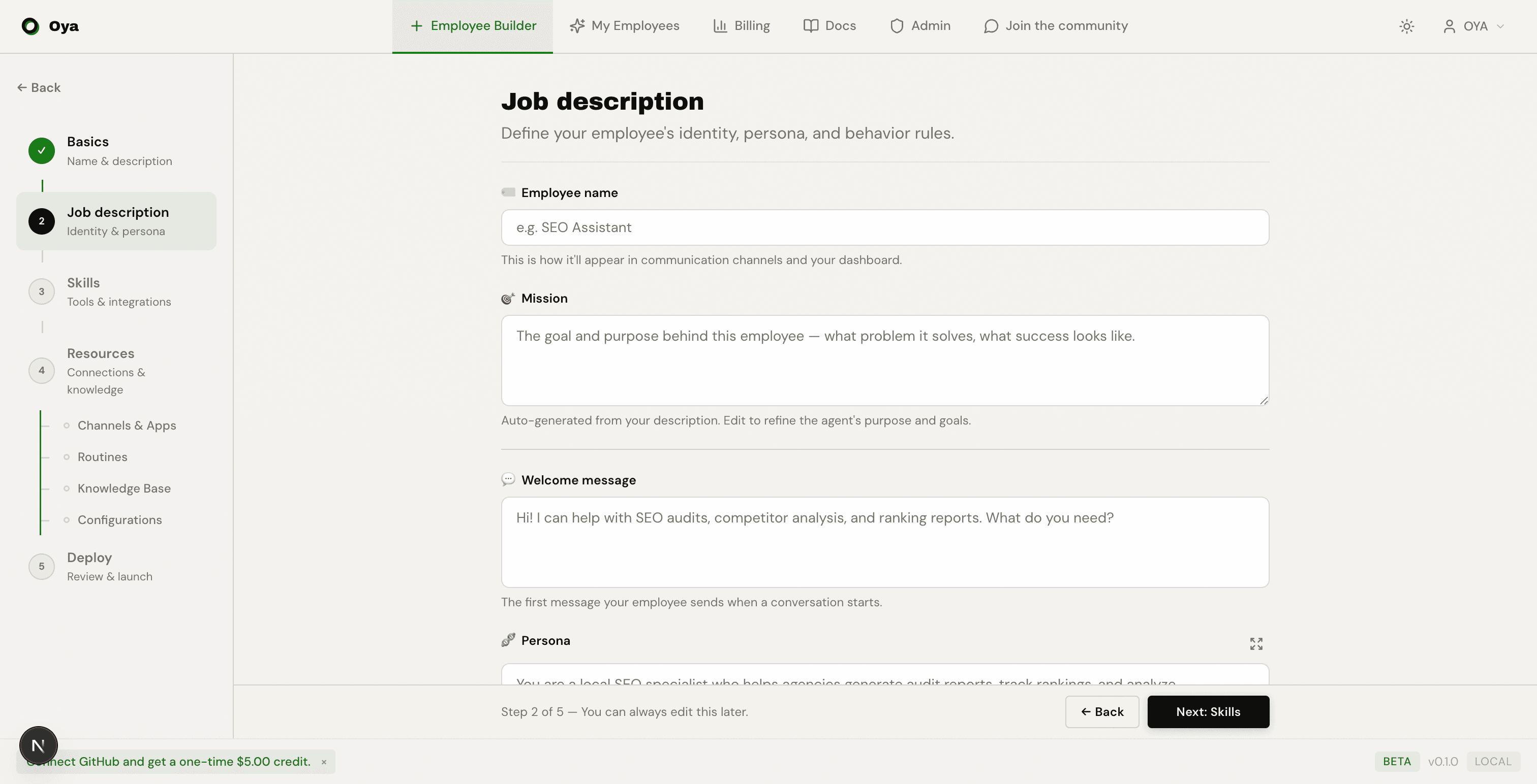 Job Description step showing Employee name, Mission, Welcome message, and Persona fields